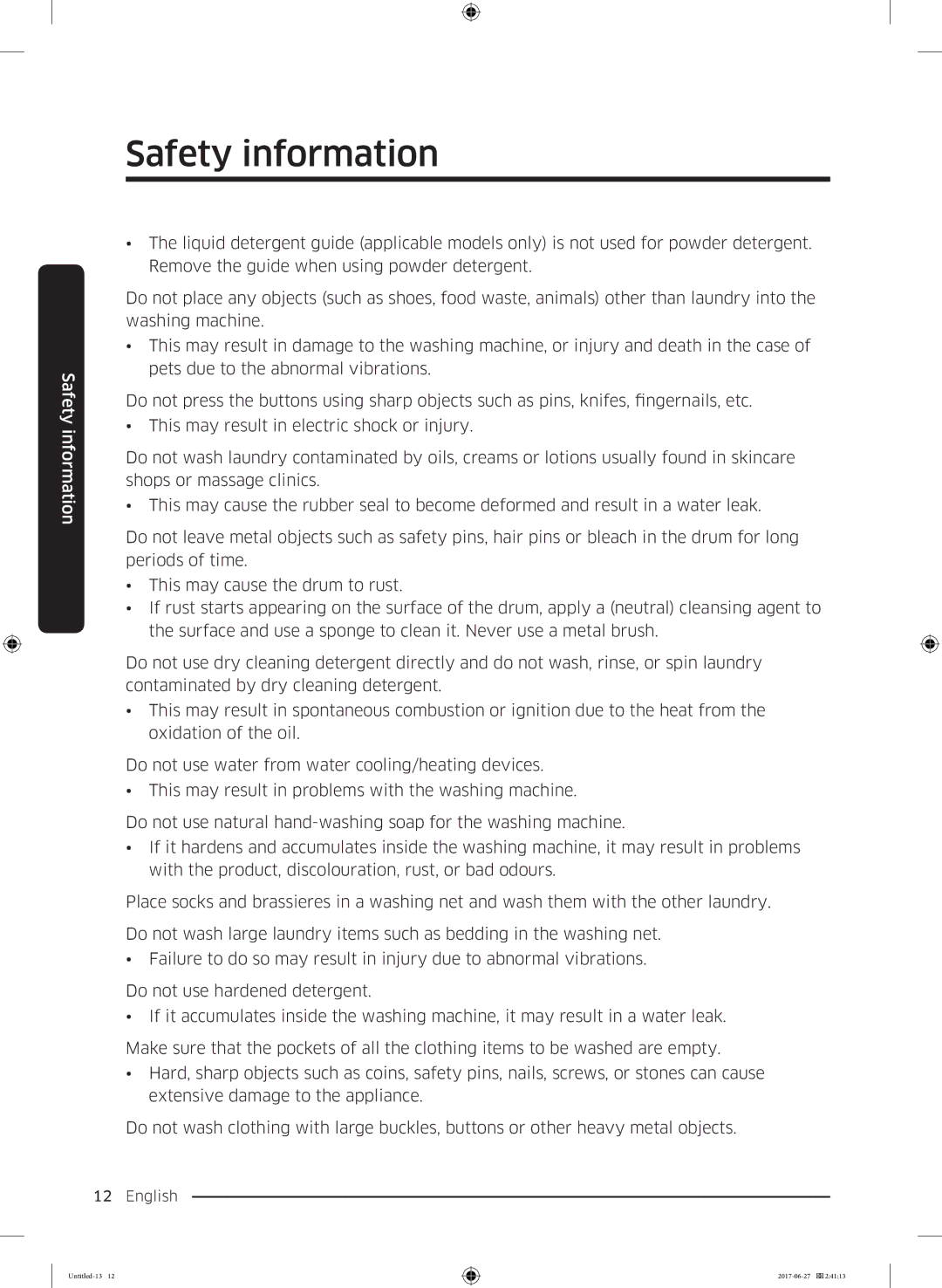 Samsung WW70J5355MW/AD, WW80J5355MW/AD manual Safety information 