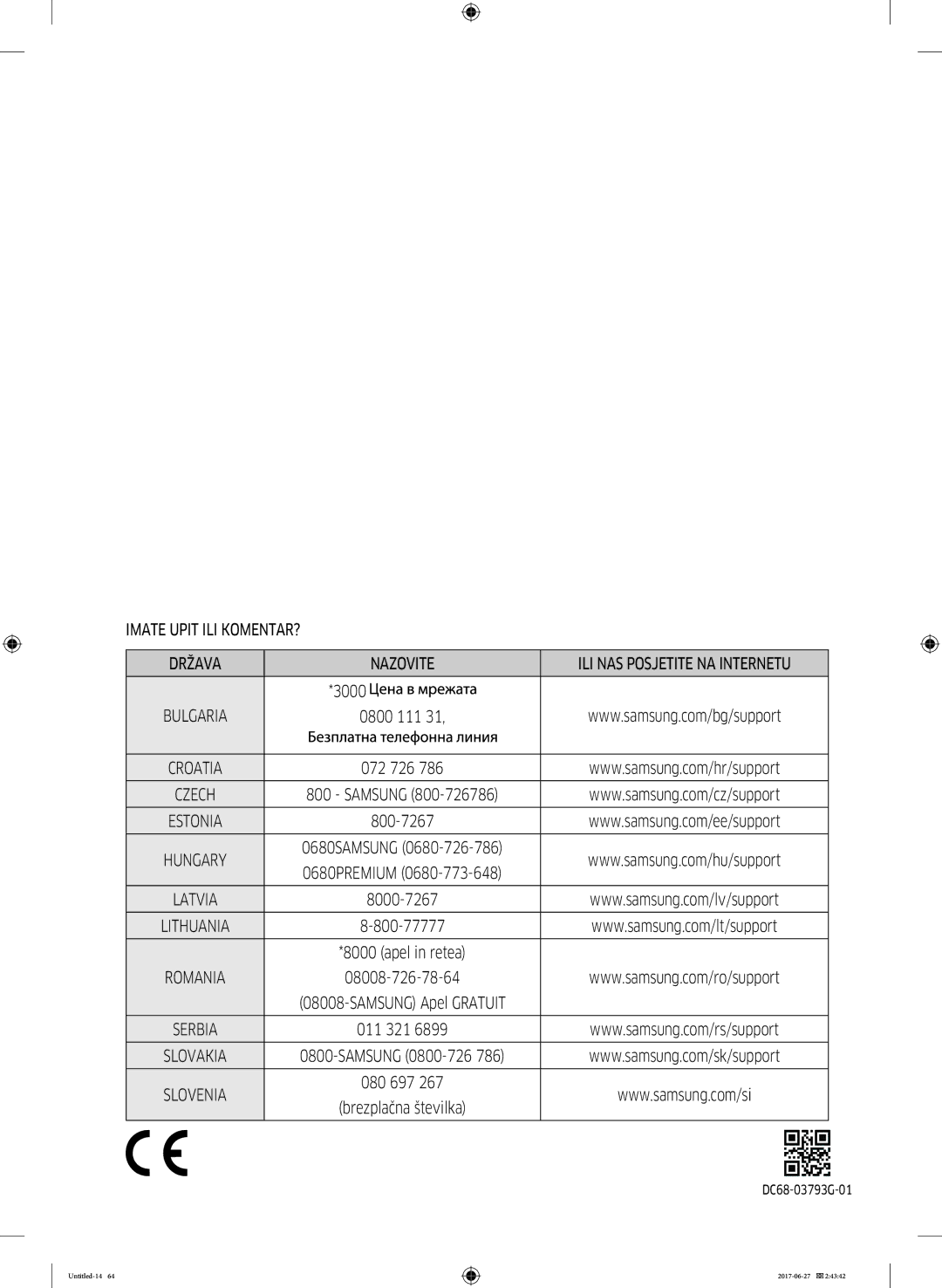 Samsung WW70J5355MW/AD, WW80J5355MW/AD manual Imate Upit ILI KOMENTAR? Država Nazovite 