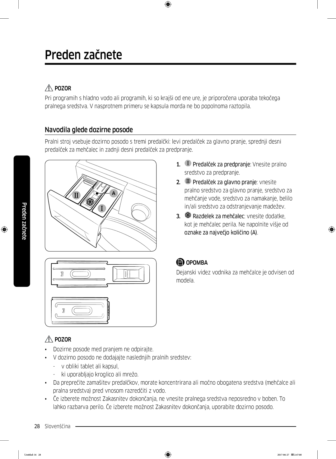 Samsung WW70J5355MW/AD, WW80J5355MW/AD manual Navodila glede dozirne posode 