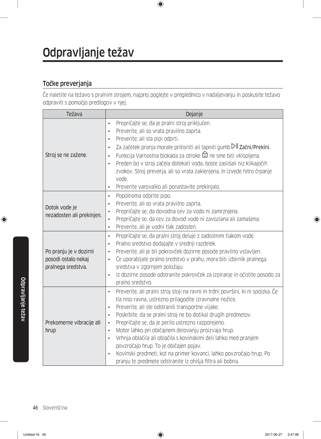 Samsung WW70J5355MW/AD, WW80J5355MW/AD manual Odpravljanje težav, Točke preverjanja 