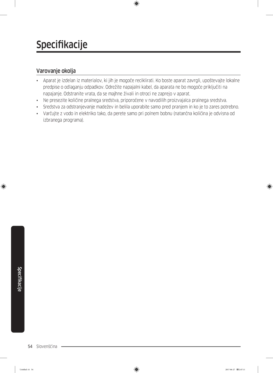 Samsung WW70J5355MW/AD, WW80J5355MW/AD manual Varovanje okolja 