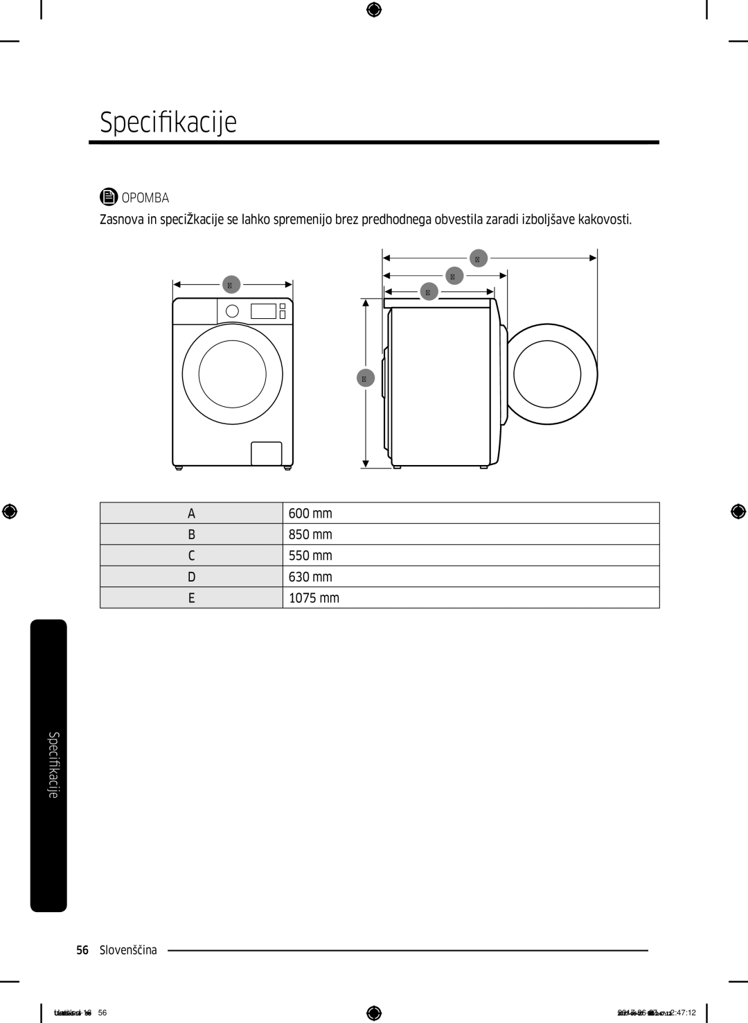 Samsung WW70J5355MW/AD, WW80J5355MW/AD manual Opomba 