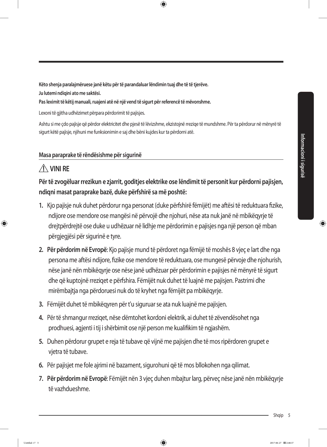 Samsung WW80J5355MW/AD, WW70J5355MW/AD manual Masa paraprake të rëndësishme për sigurinë 