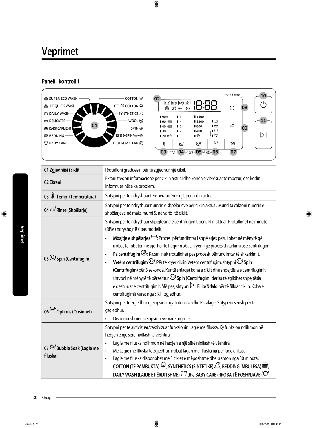 Samsung WW70J5355MW/AD, WW80J5355MW/AD manual Paneli i kontrollit 