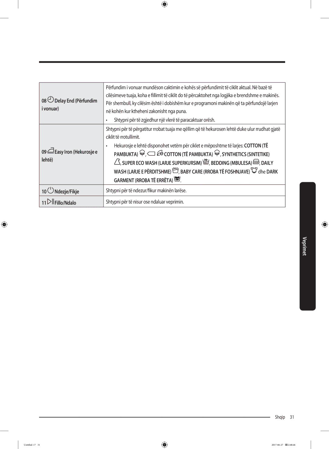 Samsung WW80J5355MW/AD, WW70J5355MW/AD manual Vonuar, Ndezje/Fikje, Fillo/Ndalo 