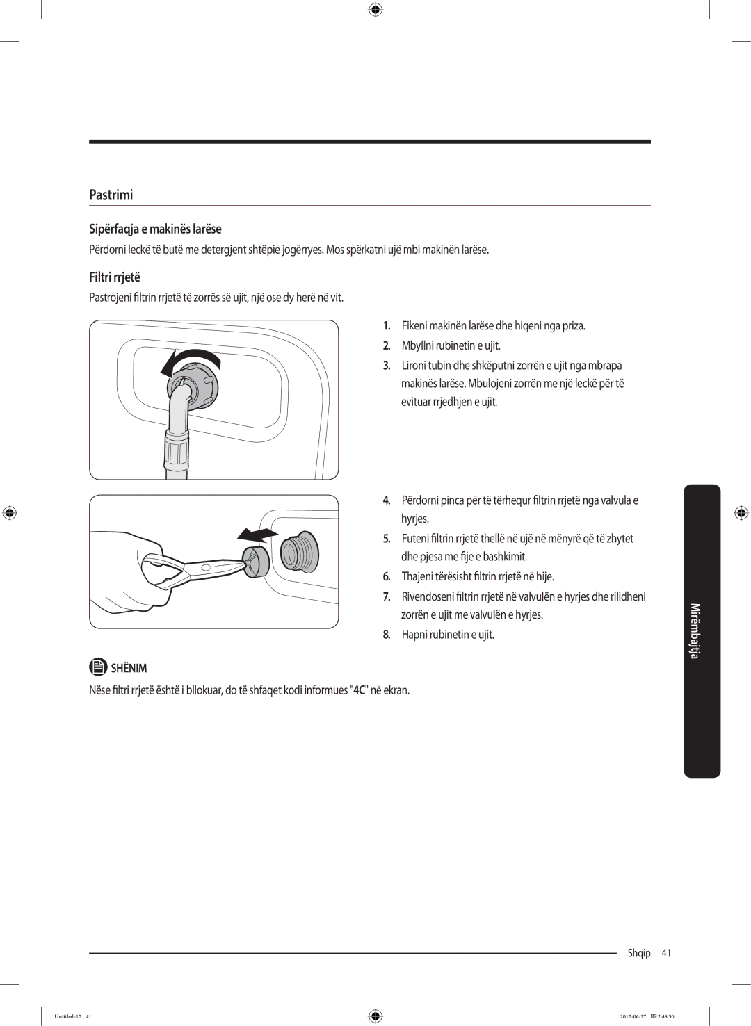 Samsung WW80J5355MW/AD, WW70J5355MW/AD manual Pastrimi, Sipërfaqja e makinës larëse, Filtri rrjetë 