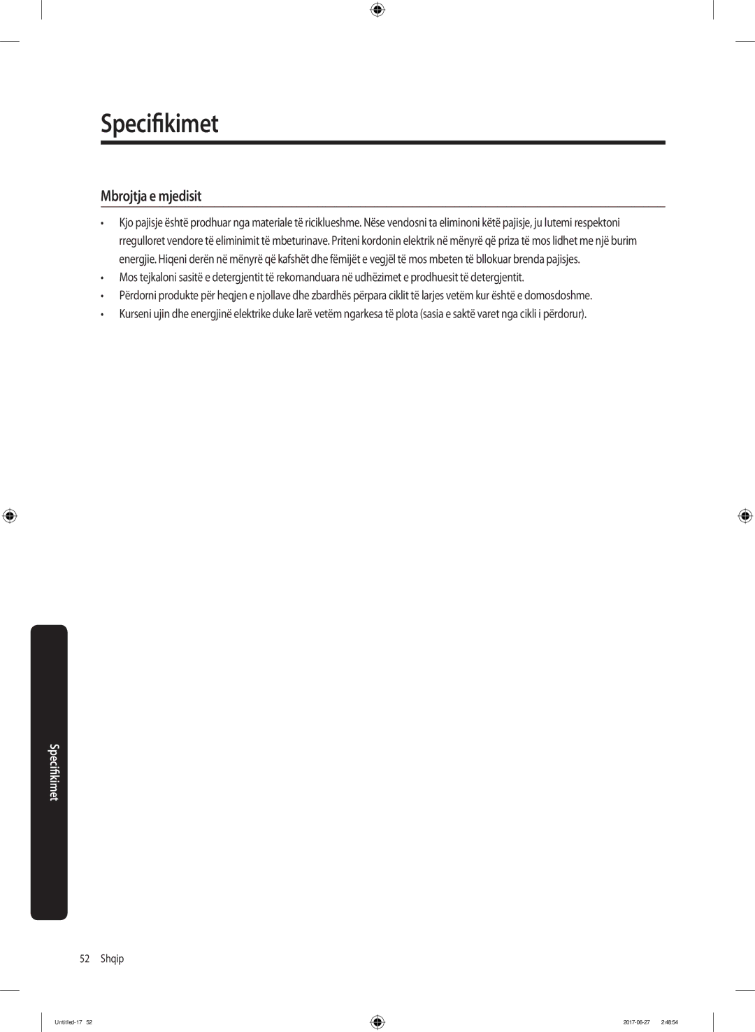 Samsung WW70J5355MW/AD, WW80J5355MW/AD manual Mbrojtja e mjedisit 