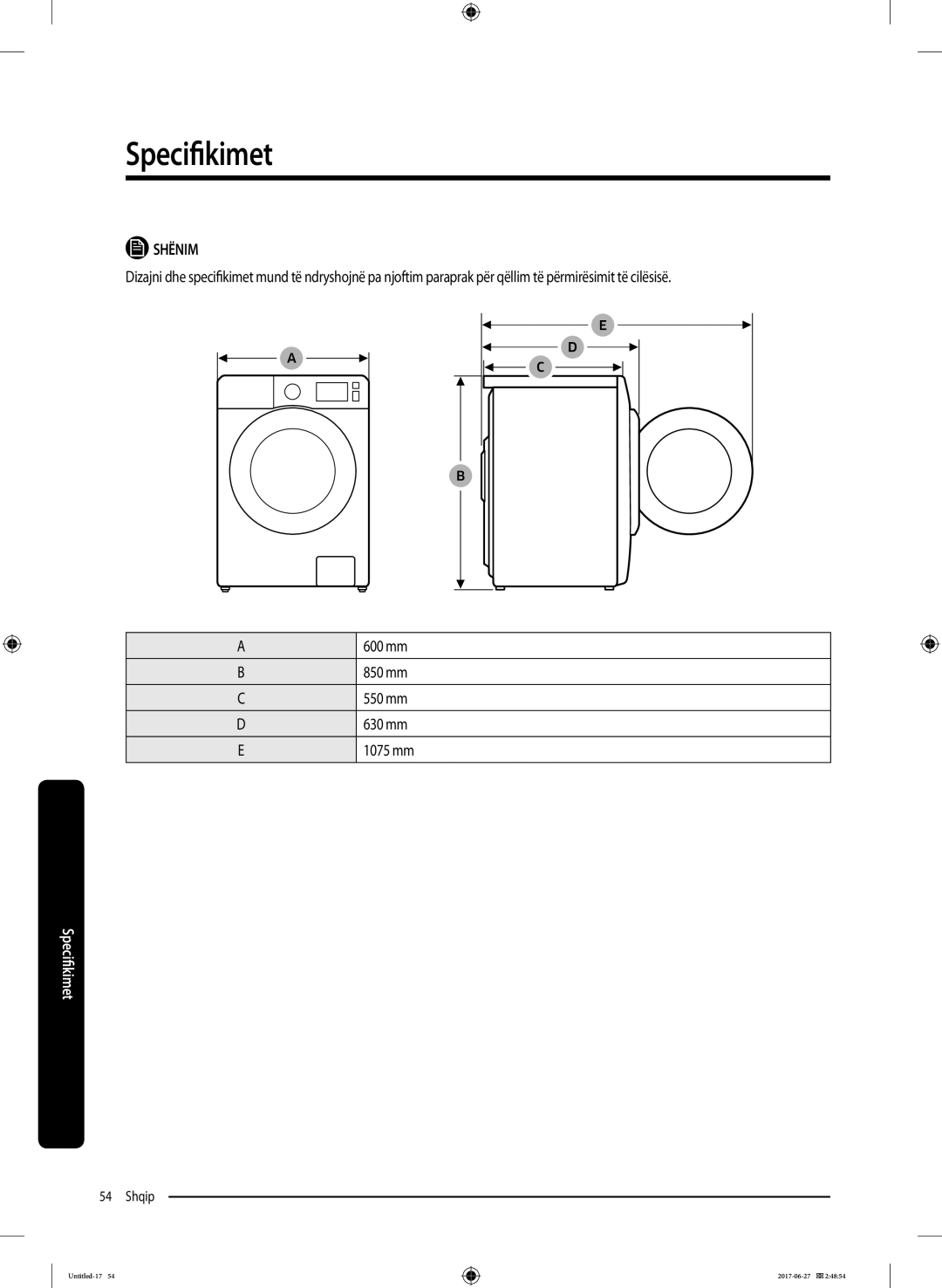 Samsung WW70J5355MW/AD, WW80J5355MW/AD manual Shënim 