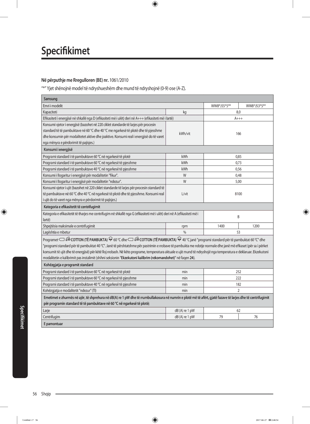 Samsung WW70J5355MW/AD, WW80J5355MW/AD manual Në ngarkesë të plotë Min 252 