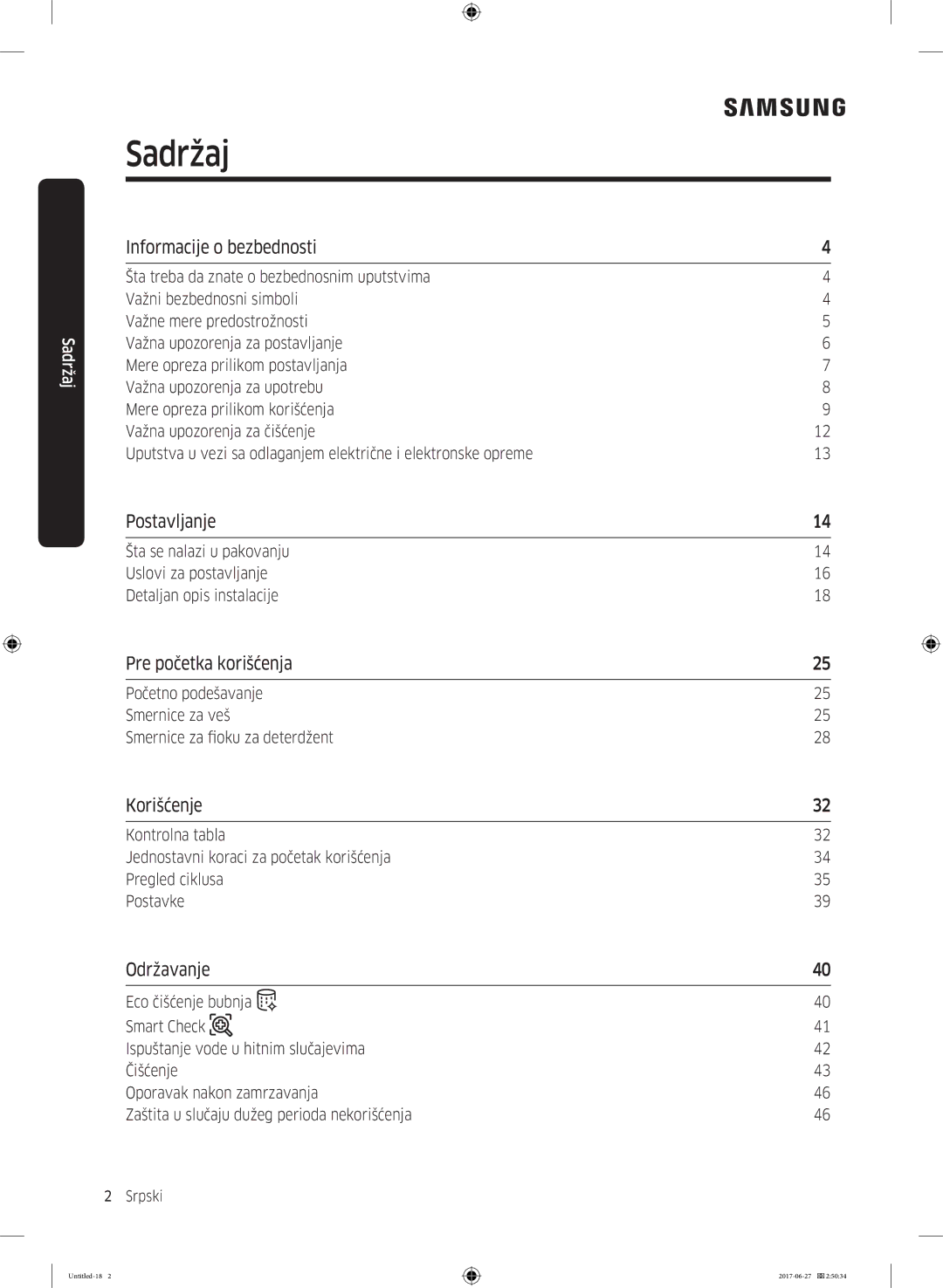 Samsung WW70J5355MW/AD, WW80J5355MW/AD manual Informacije o bezbednosti, Postavljanje, Pre početka korišćenja, Korišćenje 