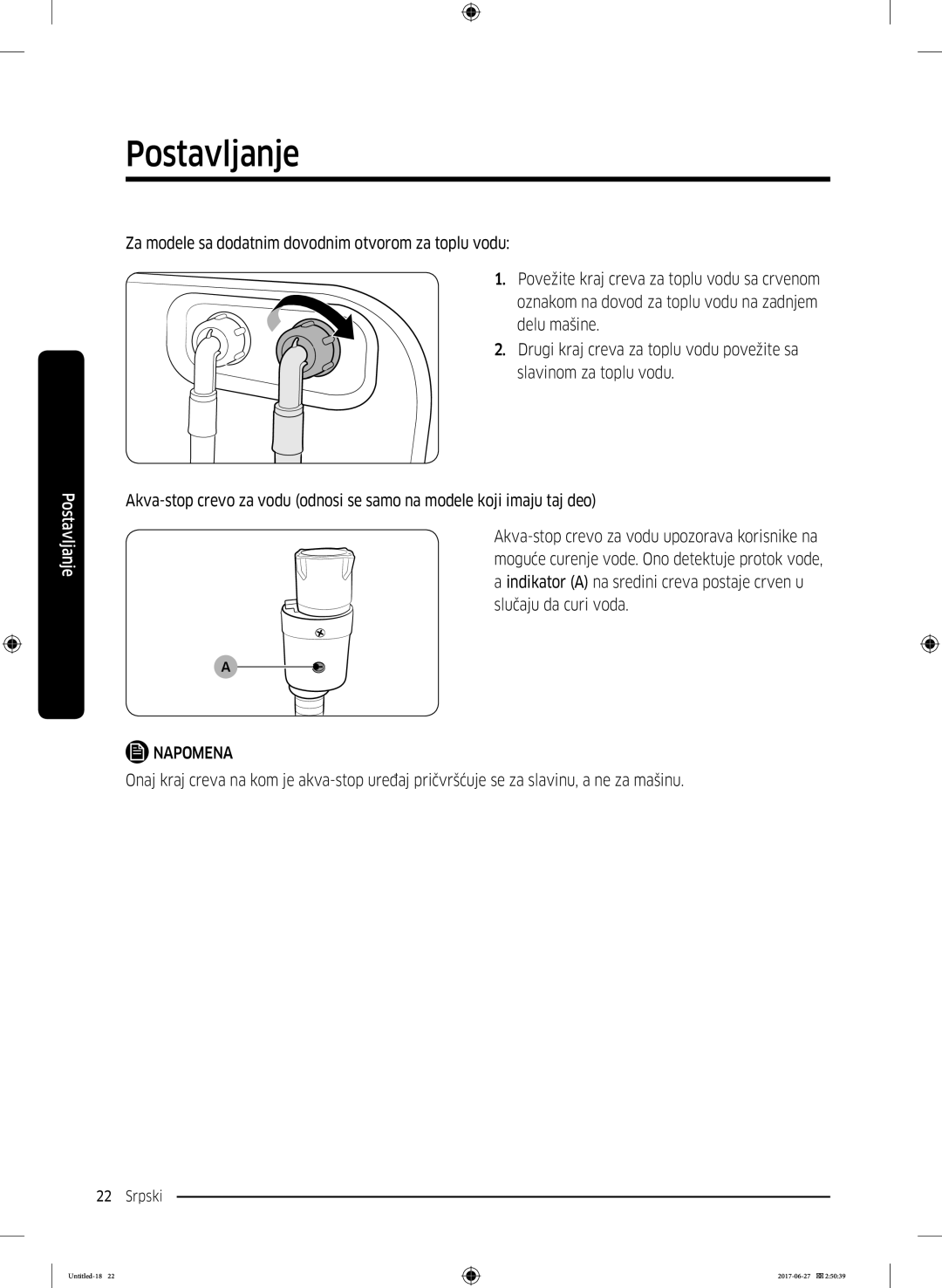 Samsung WW70J5355MW/AD, WW80J5355MW/AD manual Postavljanje 