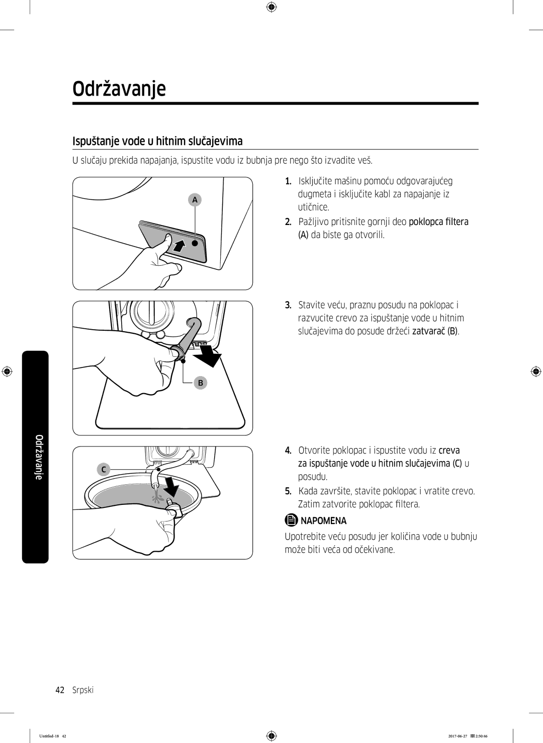 Samsung WW70J5355MW/AD, WW80J5355MW/AD manual Ispuštanje vode u hitnim slučajevima 