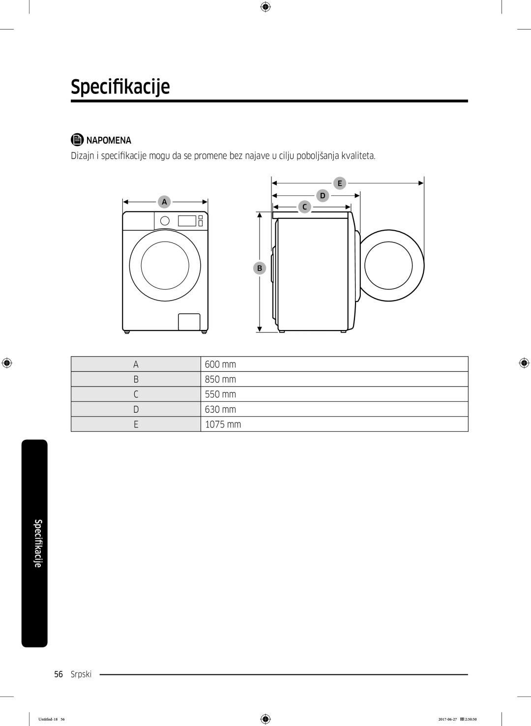 Samsung WW70J5355MW/AD, WW80J5355MW/AD manual Napomena 