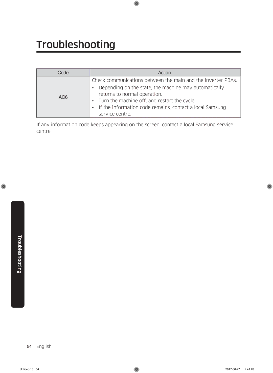 Samsung WW70J5355MW/AD, WW80J5355MW/AD manual AC6, Returns to normal operation 