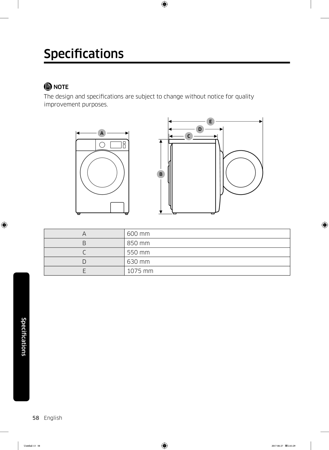 Samsung WW70J5355MW/AD, WW80J5355MW/AD manual Specifications 