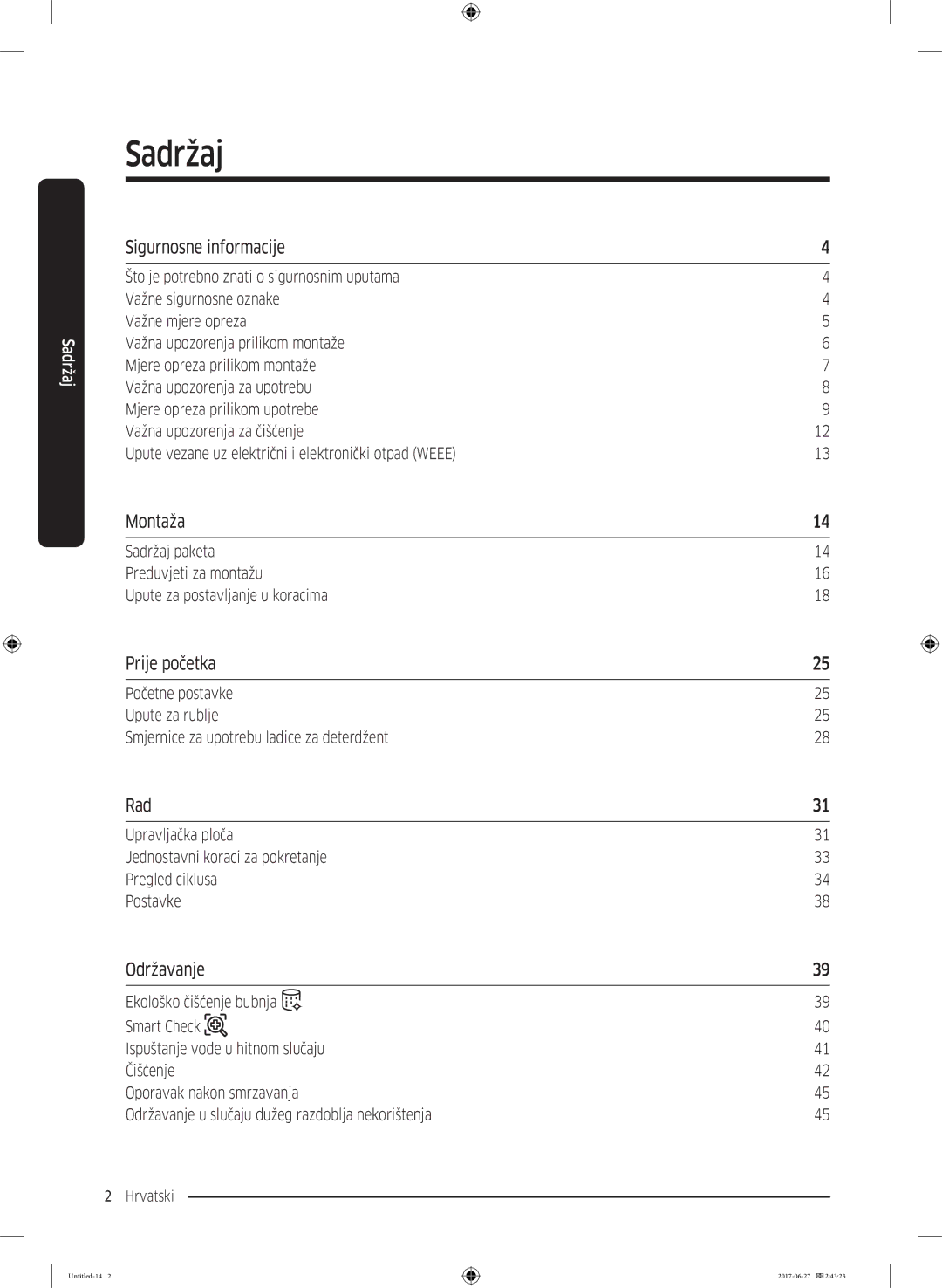 Samsung WW70J5355MW/AD, WW80J5355MW/AD manual Sadržaj 