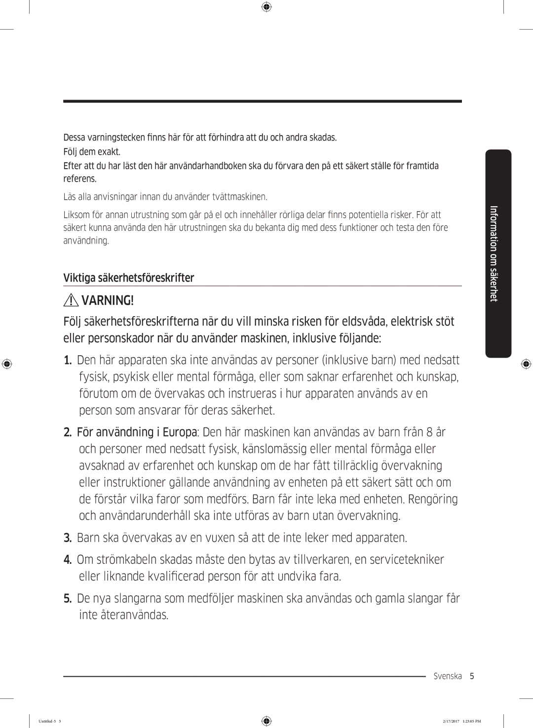 Samsung WW70J5426EW/EE, WW70J5426DW/EE, WW90J5426FW/EE, WW70J5486MW/EE, WW80J5426DW/EE Varning, Viktiga säkerhetsföreskrifter 