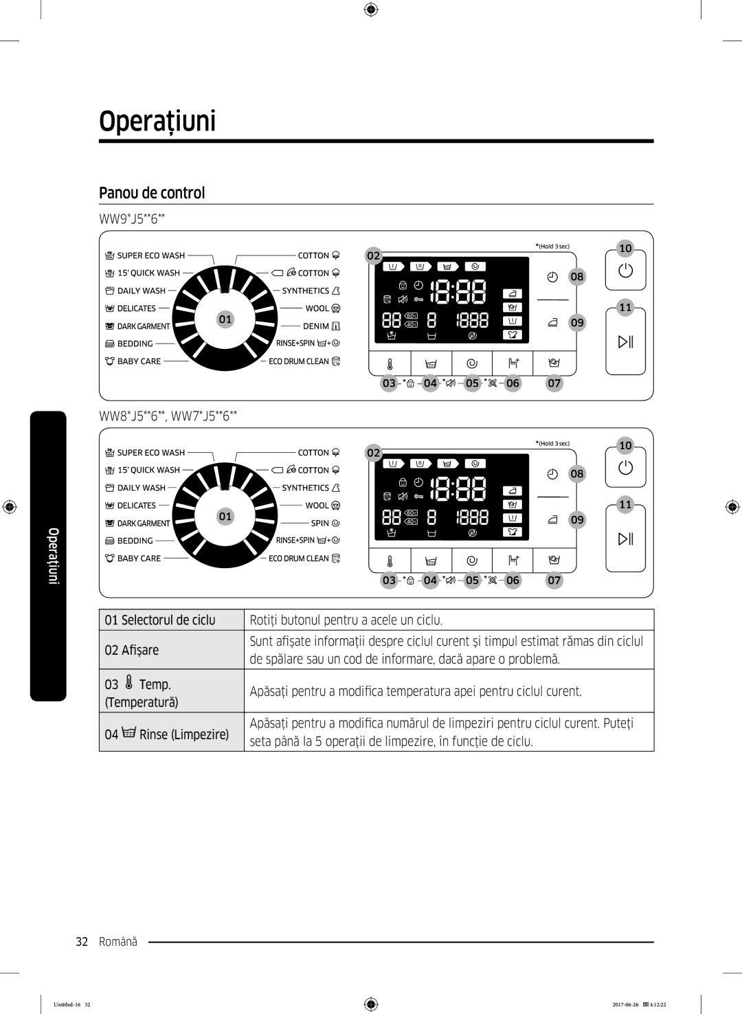 Samsung WW70J5446FX/LE, WW80J5446FX/LE, WW70J5246FW/LE, WW70J5246FX/LE manual Panou de control 