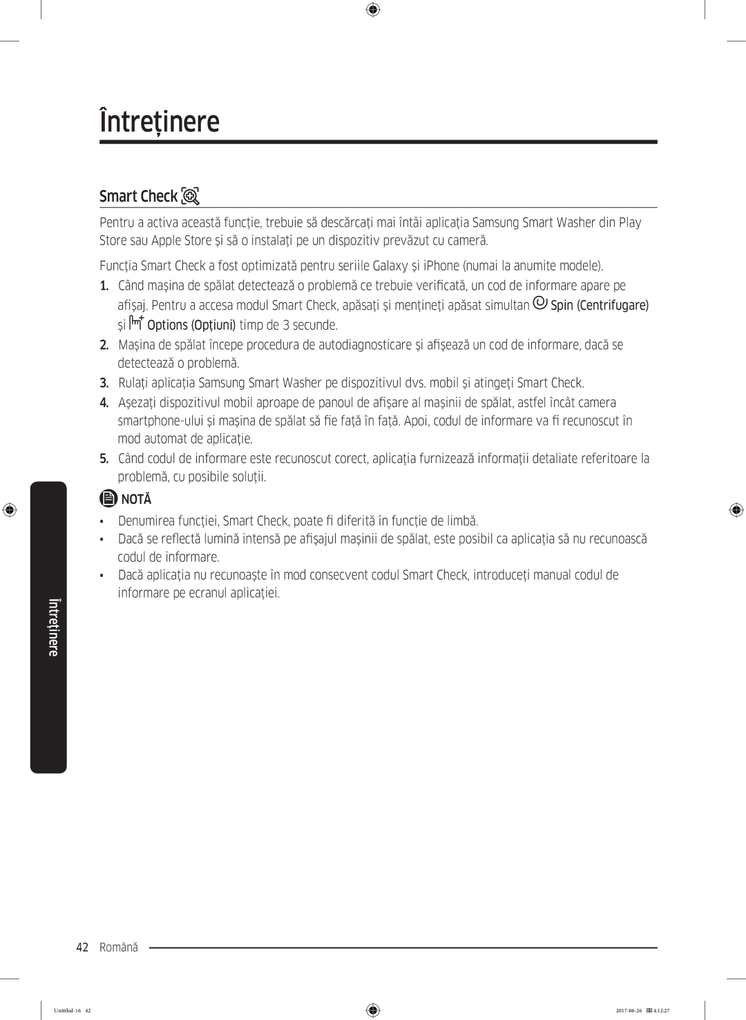 Samsung WW70J5246FW/LE, WW70J5446FX/LE, WW80J5446FX/LE, WW70J5246FX/LE manual Smart Check, De spălat, astfel încât camera 