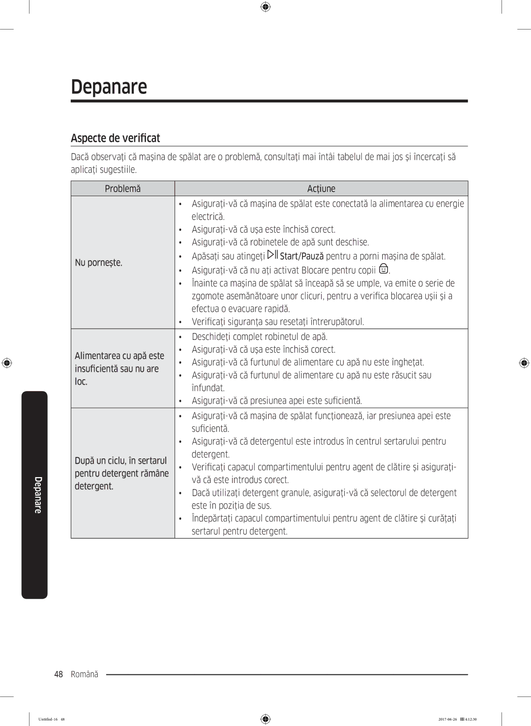 Samsung WW70J5446FX/LE, WW80J5446FX/LE, WW70J5246FW/LE, WW70J5246FX/LE manual Aspecte de verificat 