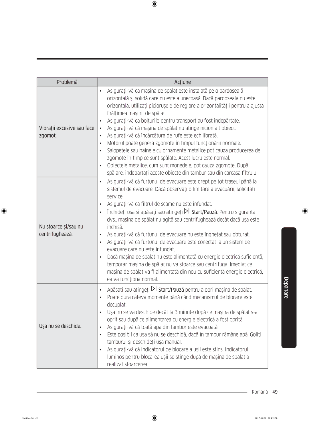 Samsung WW80J5446FX/LE, WW70J5446FX/LE, WW70J5246FW/LE manual Asiguraţi-vă că maşina de spălat nu atinge niciun alt obiect 