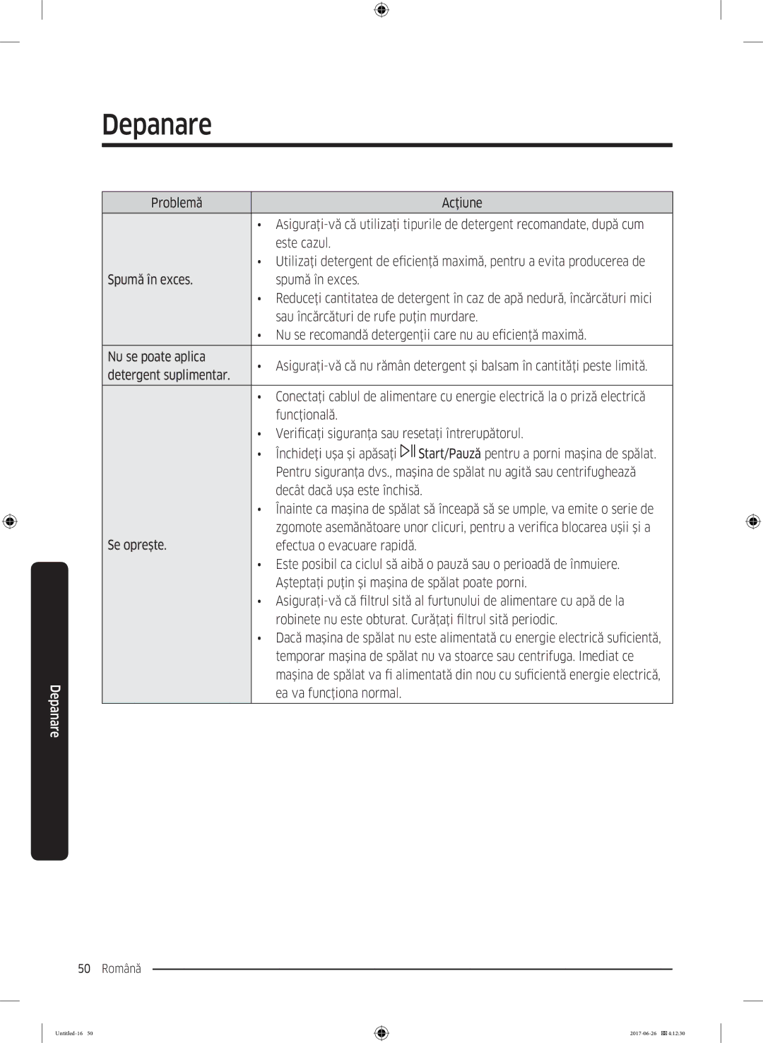 Samsung WW70J5246FW/LE manual Evita producerea de, Maximă, Decât dacă uşa este închisă, Se opreşte, Ea va funcţiona normal 