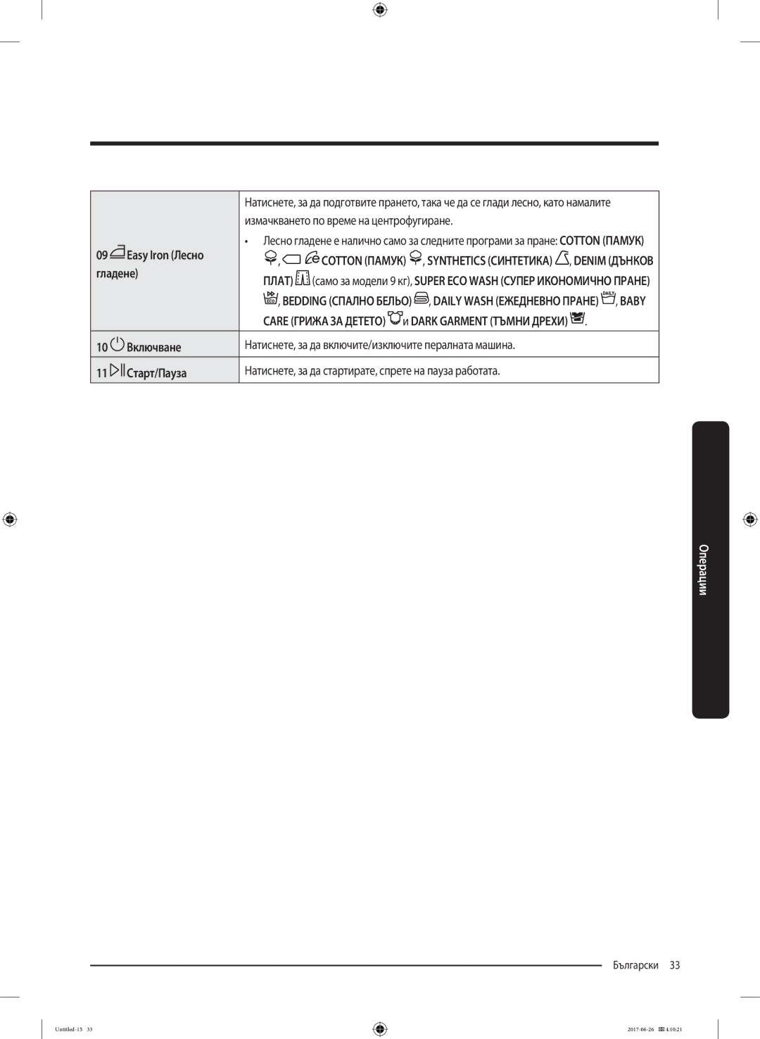 Samsung WW80J5446FX/LE, WW70J5446FX/LE, WW70J5246FW/LE Измачкването по време на центрофугиране, Easy Iron Лесно, Гладене 