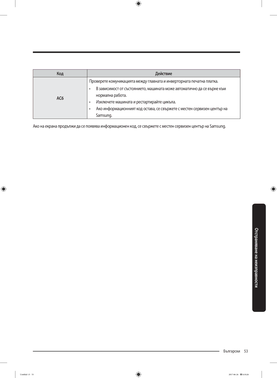 Samsung WW80J5446FX/LE, WW70J5446FX/LE, WW70J5246FW/LE, WW70J5246FX/LE manual AC6, Нормална работа 