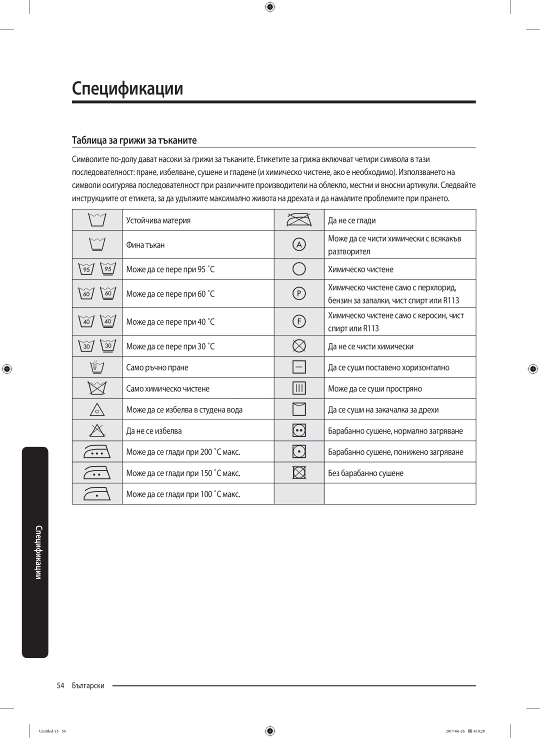 Samsung WW70J5246FW/LE, WW70J5446FX/LE, WW80J5446FX/LE, WW70J5246FX/LE manual Таблица за грижи за тъканите 