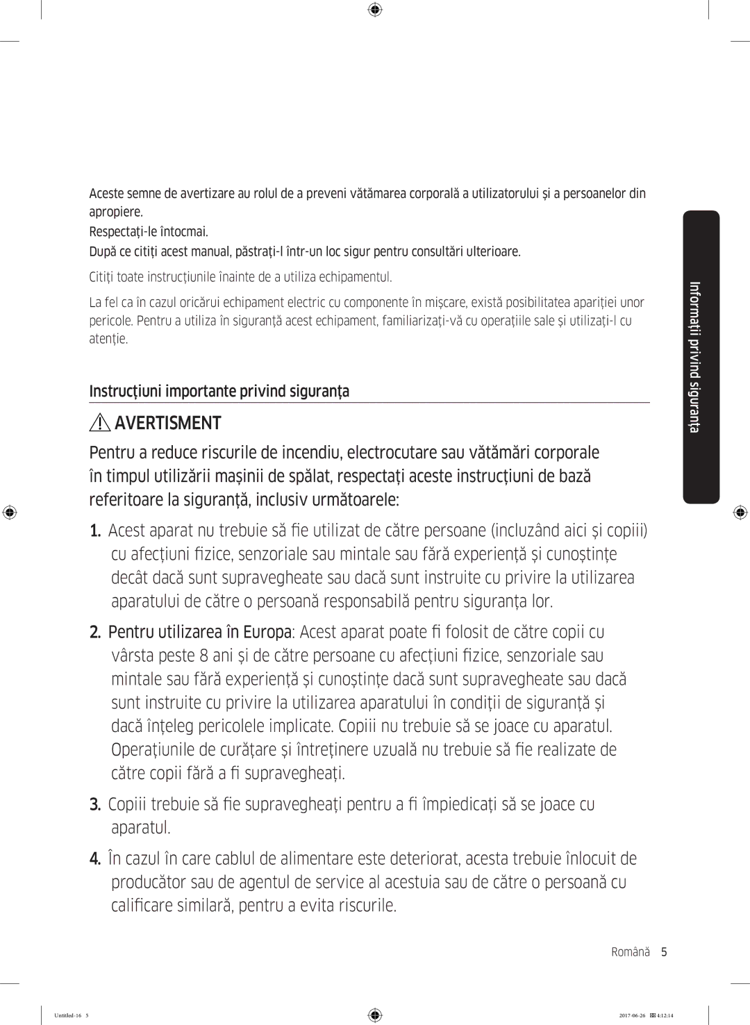 Samsung WW80J5446FX/LE, WW70J5446FX/LE, WW70J5246FW/LE manual Avertisment, Instrucţiuni importante privind siguranţa 