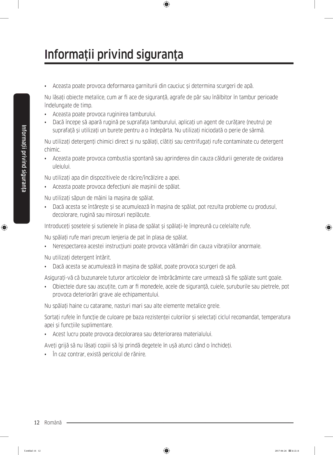 Samsung WW70J5446FX/LE, WW80J5446FX/LE, WW70J5246FW/LE, WW70J5246FX/LE manual Informaţii privind siguranţa 