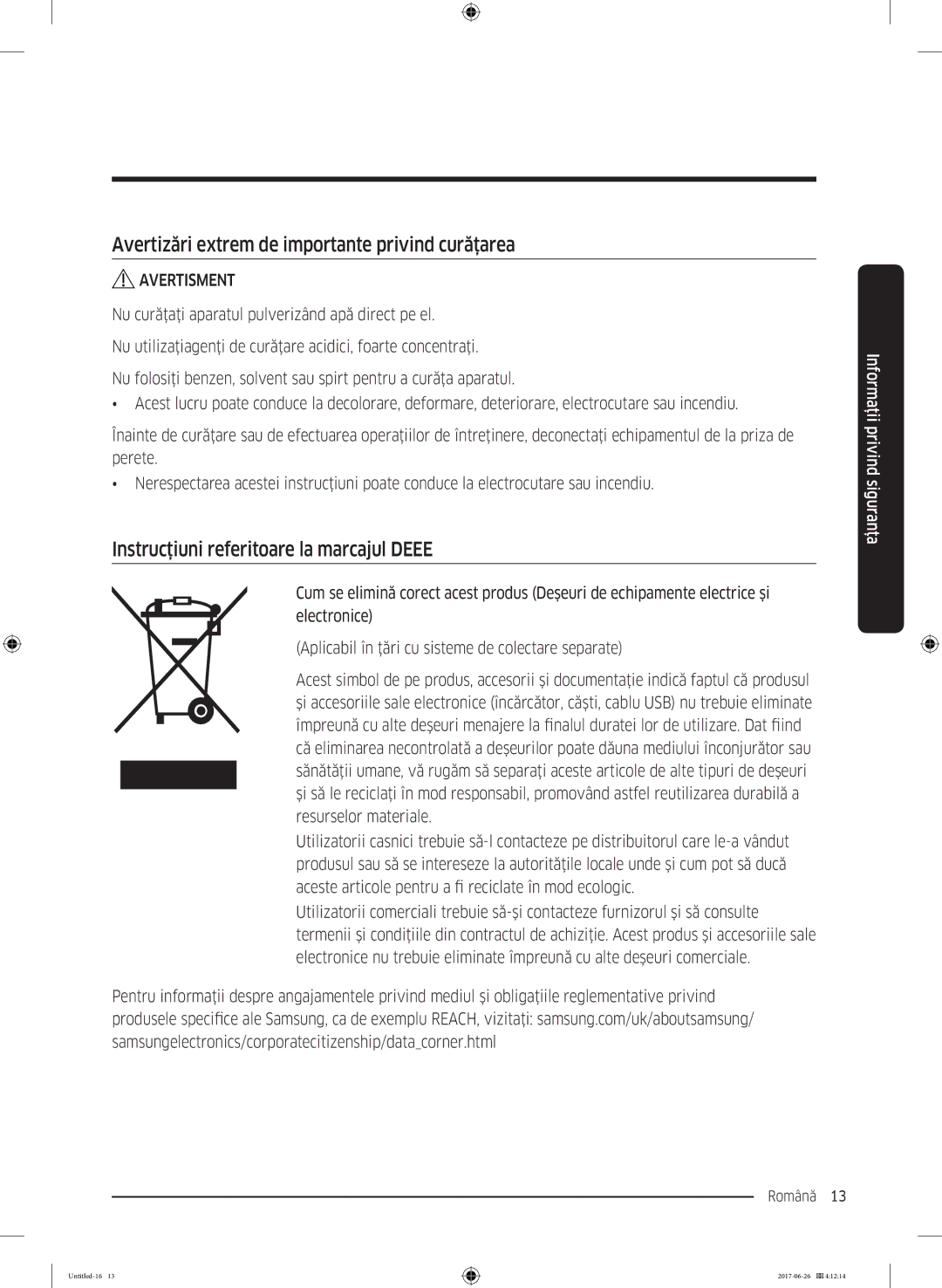 Samsung WW80J5446FX/LE manual Avertizări extrem de importante privind curăţarea, Instrucţiuni referitoare la marcajul Deee 