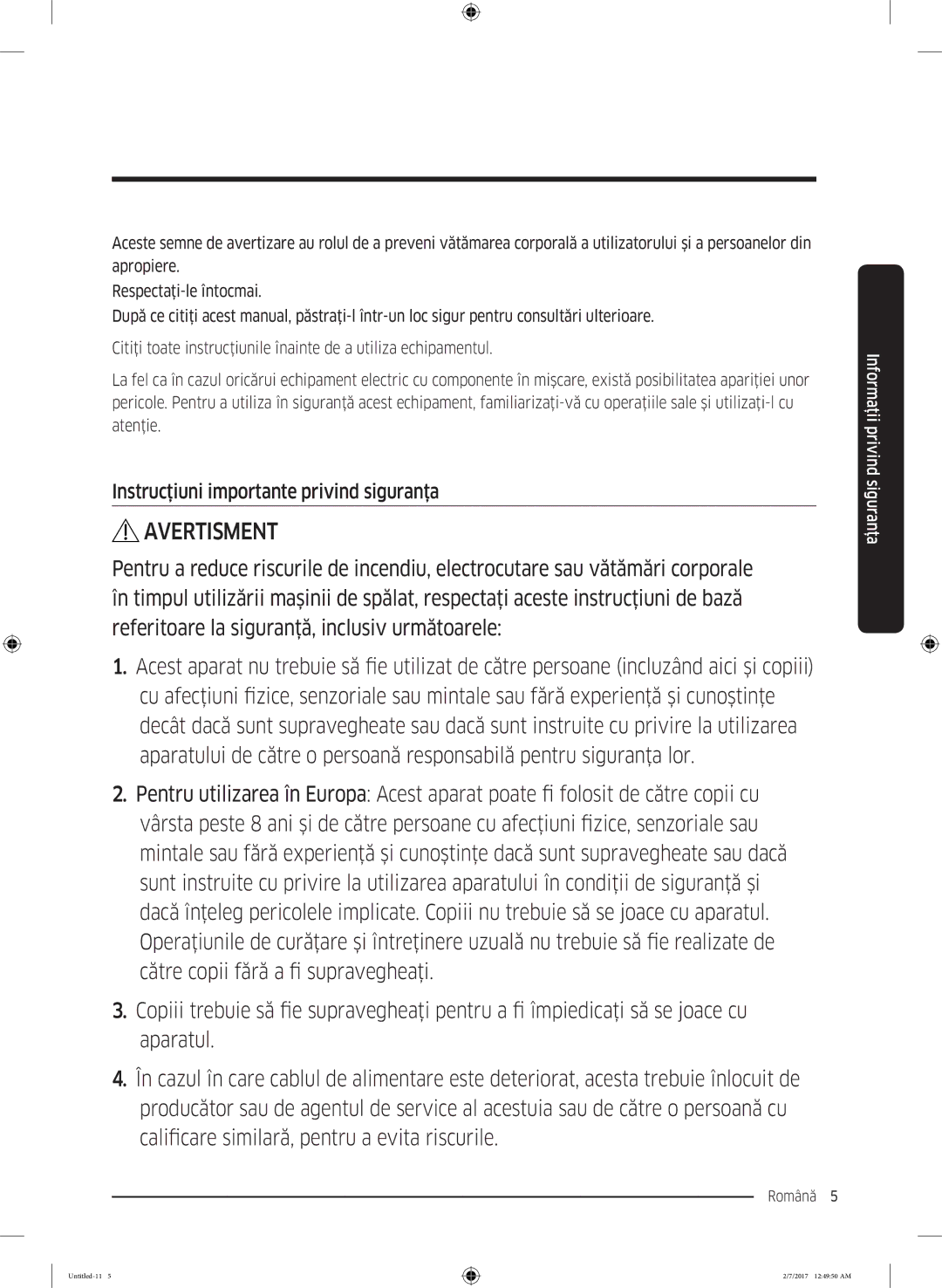 Samsung WW70J5246FX/LE, WW70J5446FX/LE, WW80J5446FX/LE manual Avertisment, Instrucţiuni importante privind siguranţa 