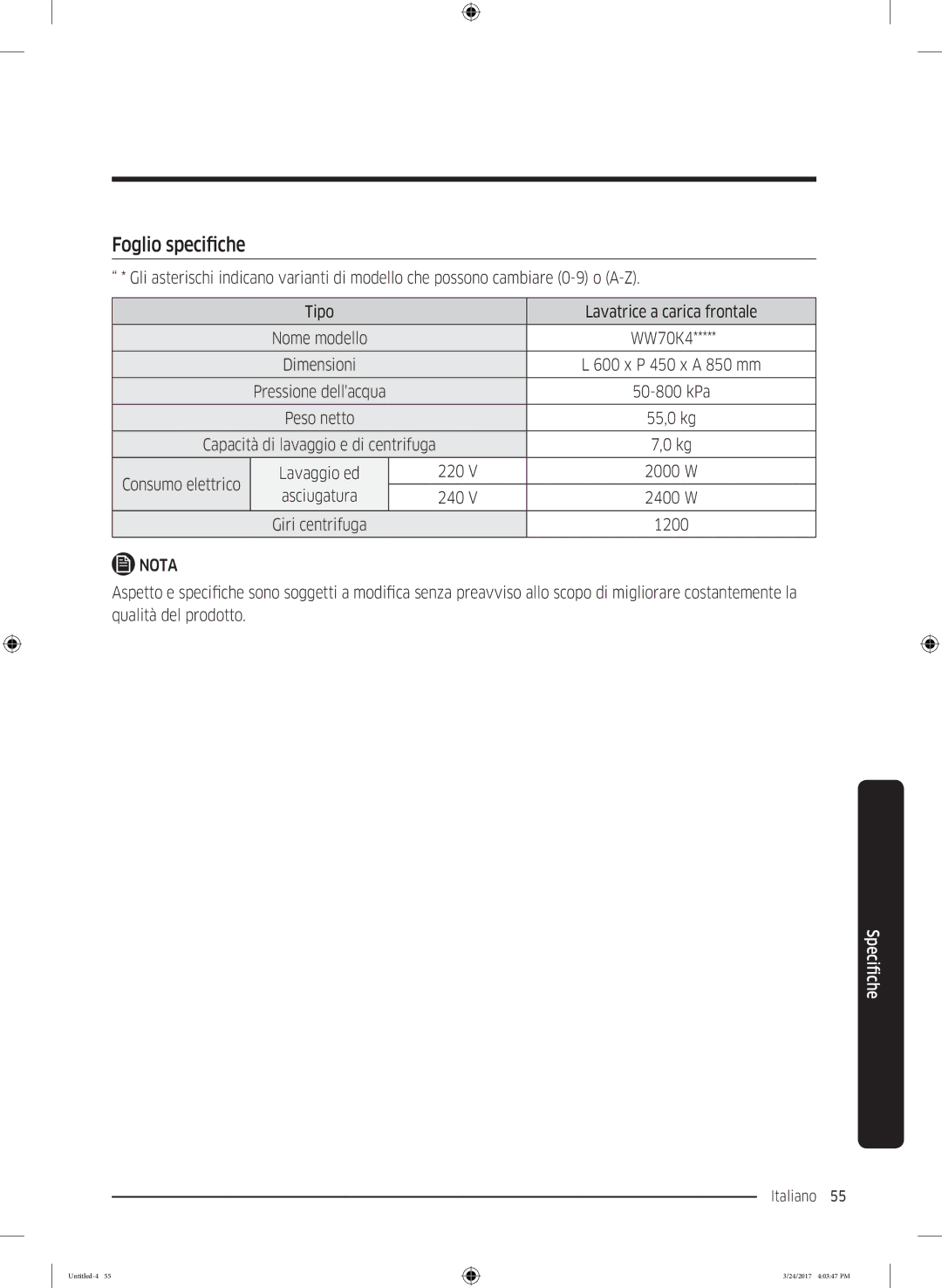 Samsung WW70K42106W/ET manual Foglio specifiche 