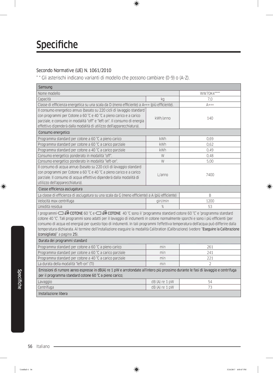 Samsung WW70K42106W/ET manual Programma standard per cotone a 60 C a carico parziale 