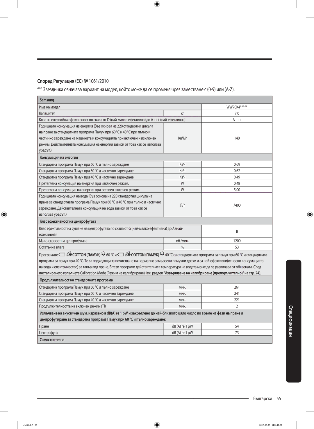 Samsung WW70K42101W/LE, WW70K42106W/LE manual Според Регулация ЕС 1061/2010 