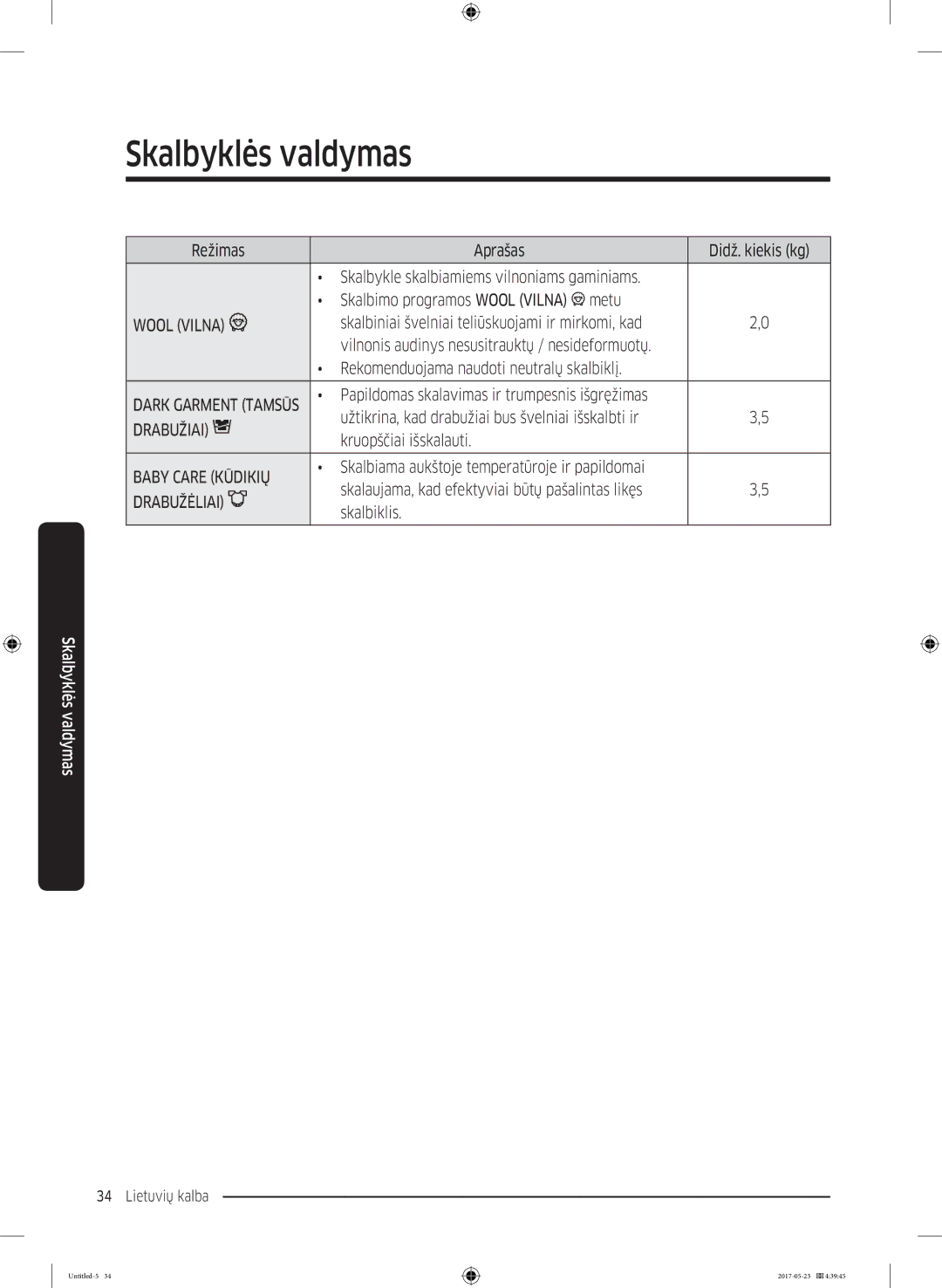 Samsung WW70K42106W/LE, WW70K42101W/LE manual Wool Vilna, Drabužiai, Baby Care Kūdikių 