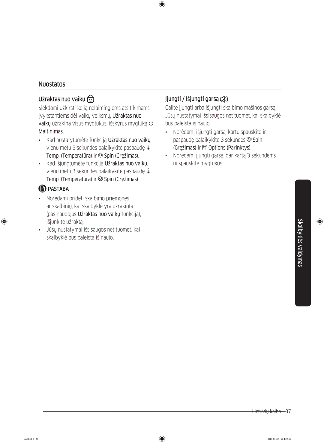 Samsung WW70K42101W/LE, WW70K42106W/LE manual Nuostatos, Užraktas nuo vaikų, Įjungti / Išjungti garsą 