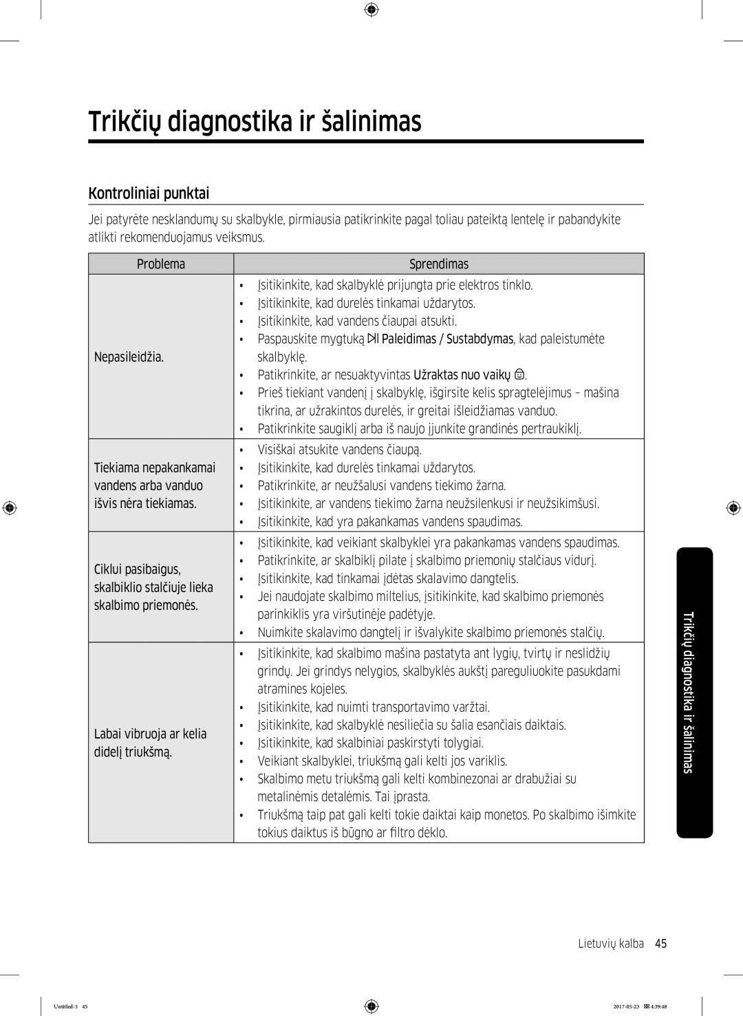 Samsung WW70K42101W/LE, WW70K42106W/LE manual Trikčių diagnostika ir šalinimas, Kontroliniai punktai 