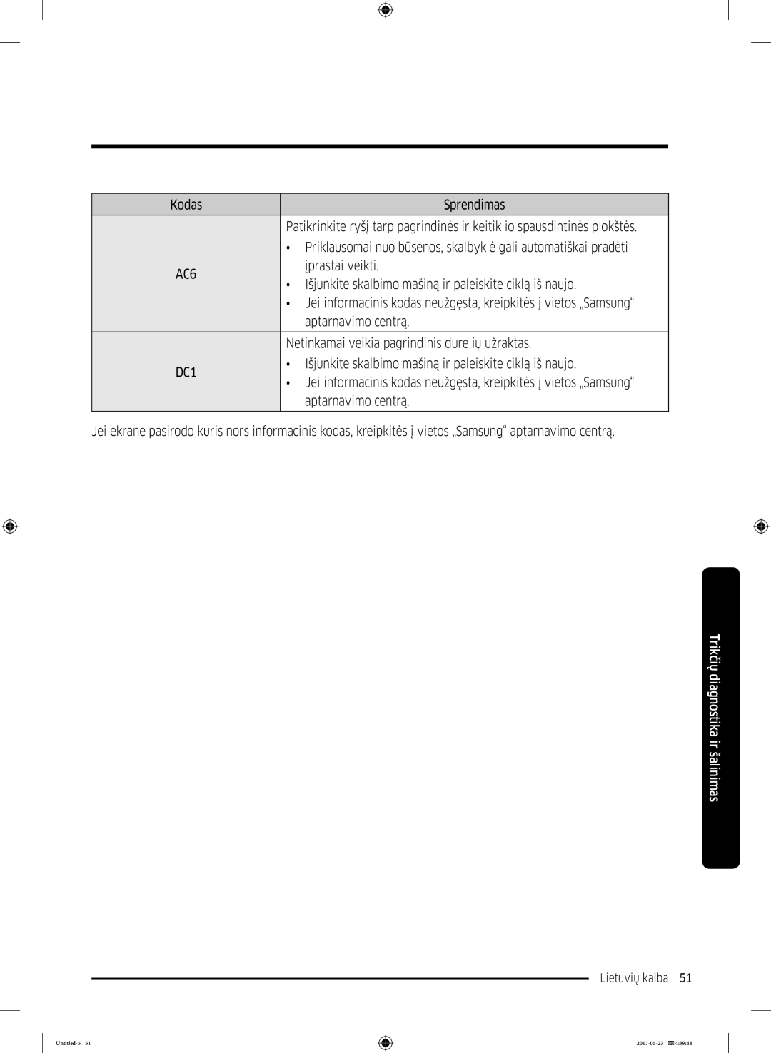 Samsung WW70K42101W/LE, WW70K42106W/LE Kodas Sprendimas, Įprastai veikti, Netinkamai veikia pagrindinis durelių užraktas 