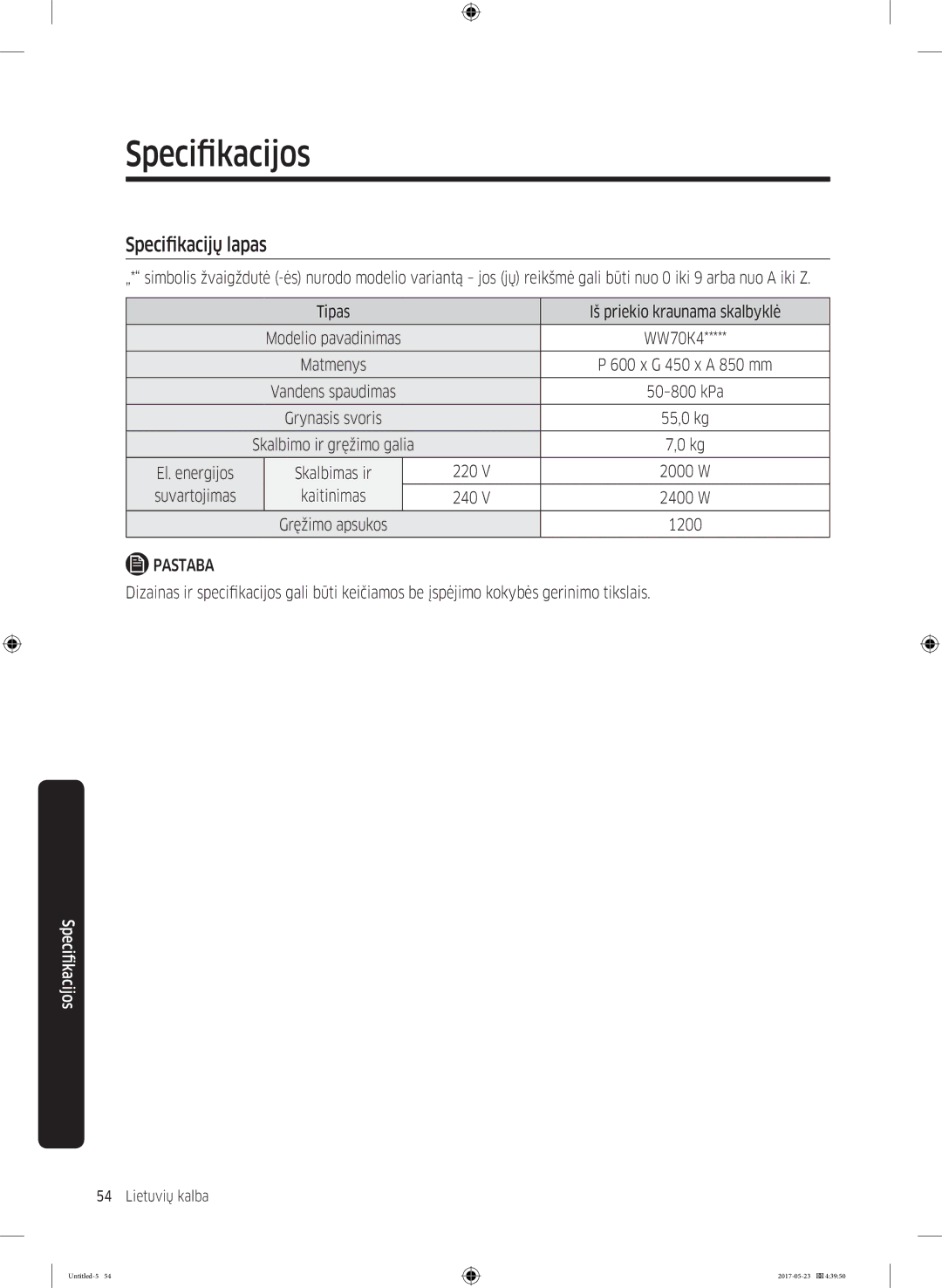 Samsung WW70K42106W/LE, WW70K42101W/LE manual Specifikacijų lapas, El. energijos, Suvartojimas Kaitinimas 240 