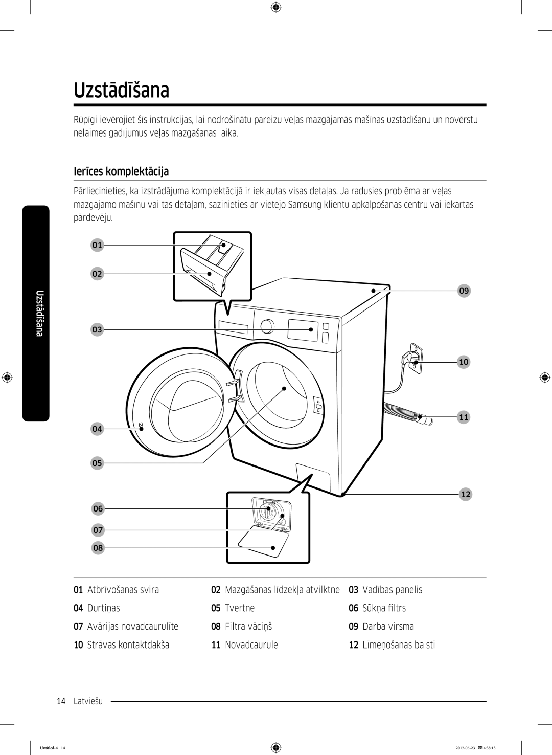 Samsung WW70K42106W/LE, WW70K42101W/LE manual Uzstādīšana, Ierīces komplektācija 