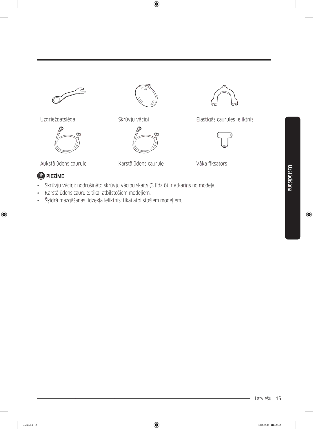 Samsung WW70K42101W/LE, WW70K42106W/LE manual Uzgriežņatslēga Skrūvju vāciņi, Aukstā ūdens caurule Karstā ūdens caurule 