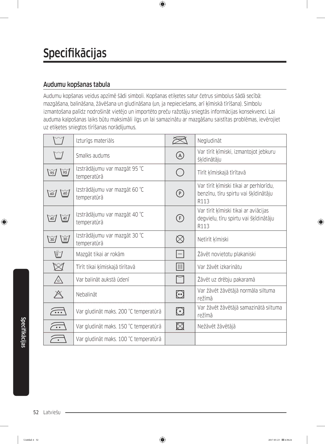 Samsung WW70K42106W/LE, WW70K42101W/LE manual Specifikācijas, Audumu kopšanas tabula, Nežāvēt žāvētājā 