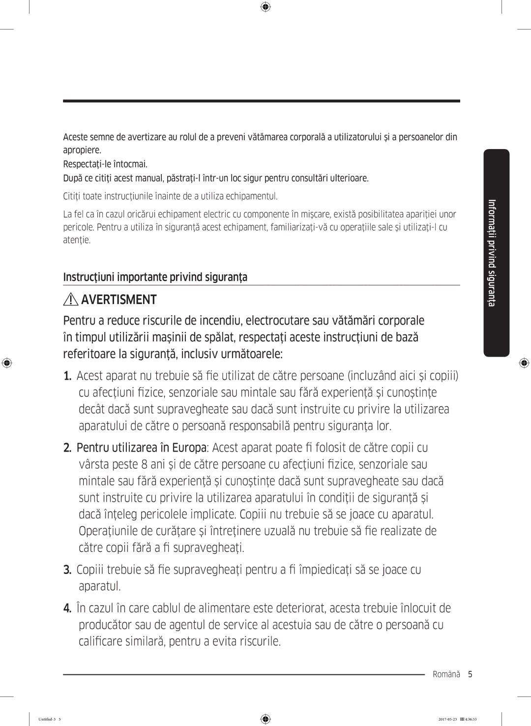 Samsung WW70K42101W/LE, WW70K42106W/LE manual Avertisment, Instrucţiuni importante privind siguranţa 