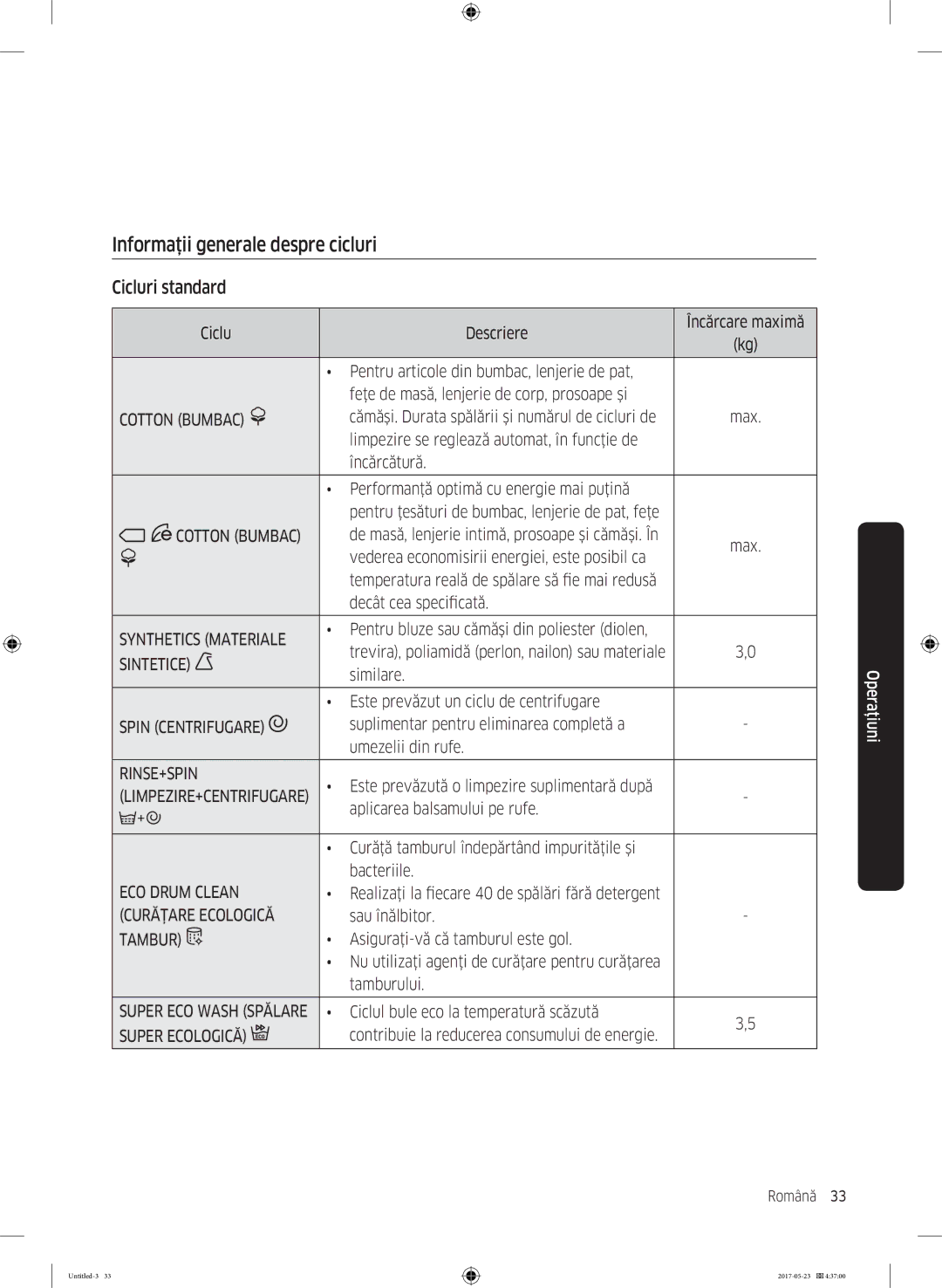 Samsung WW70K42101W/LE, WW70K42106W/LE manual Informaţii generale despre cicluri, Cicluri standard 