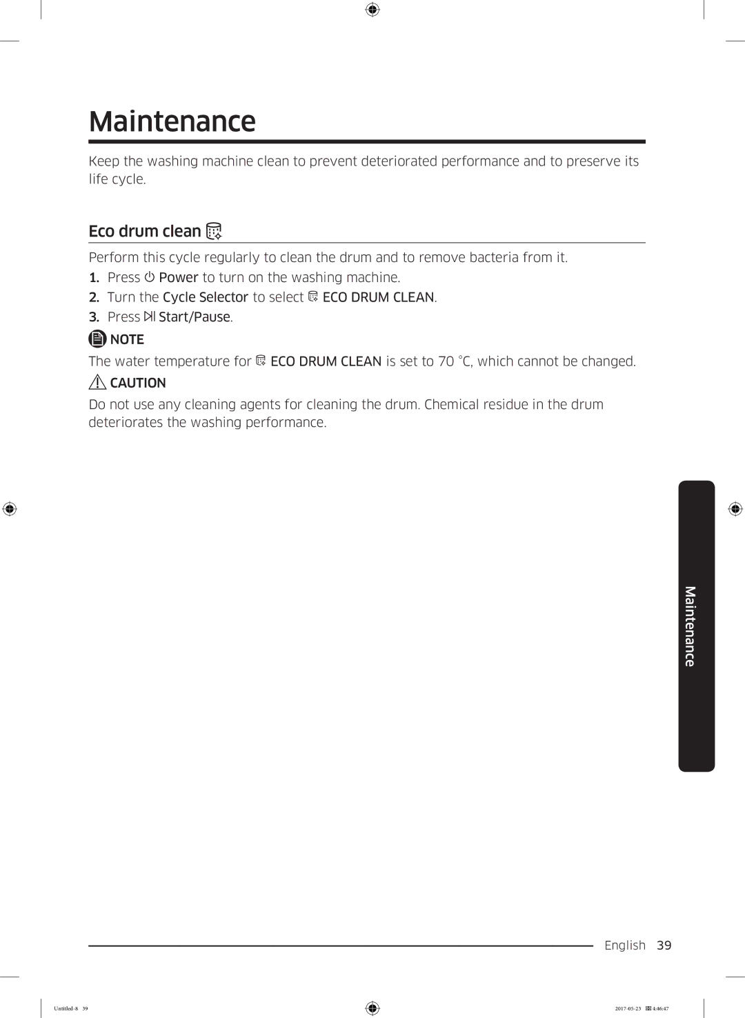 Samsung WW70K42101W/LE, WW70K42106W/LE manual Maintenance, Eco drum clean 
