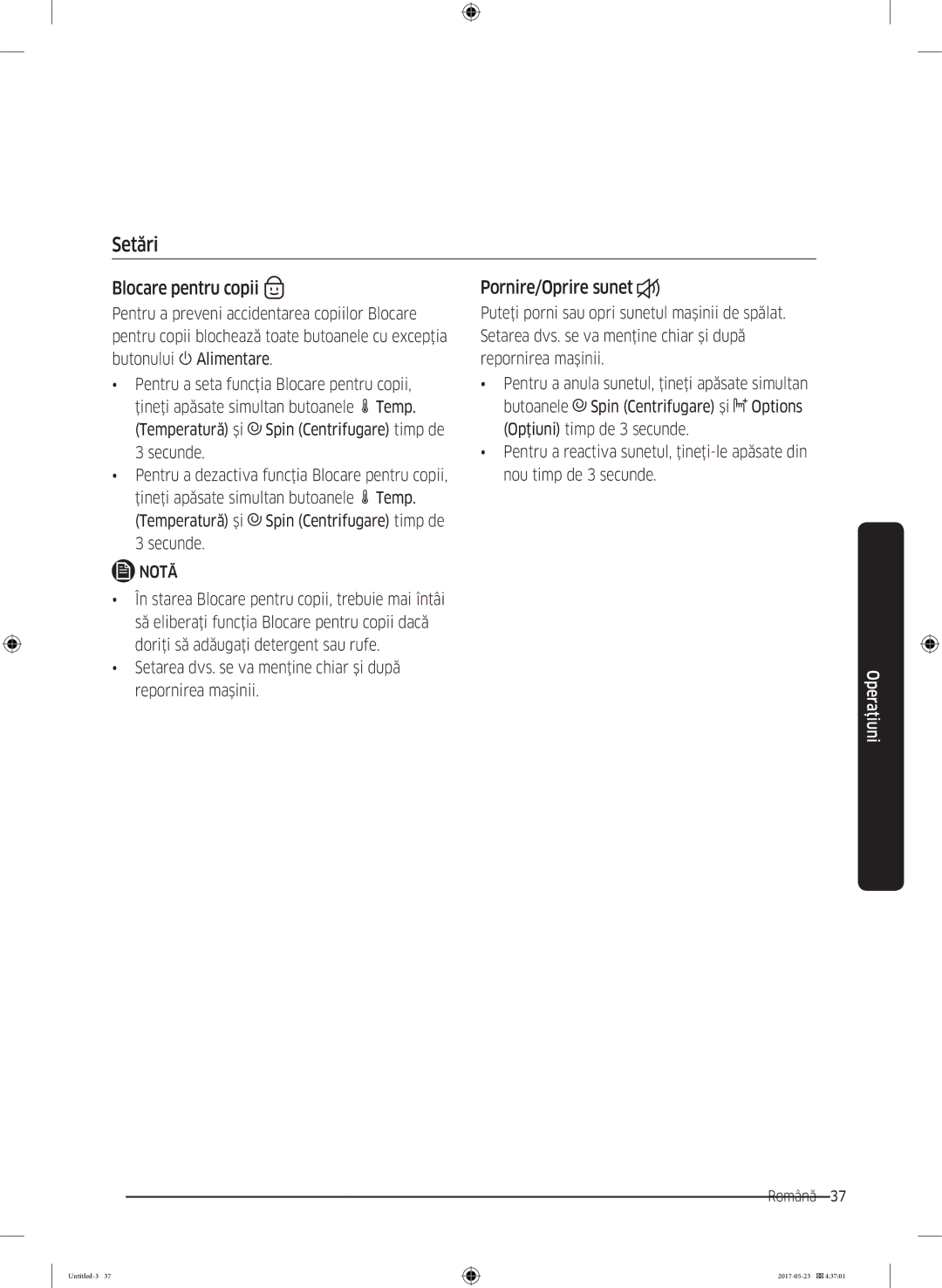 Samsung WW70K42101W/LE, WW70K42106W/LE manual Setări, Blocare pentru copii, Pornire/Oprire sunet 