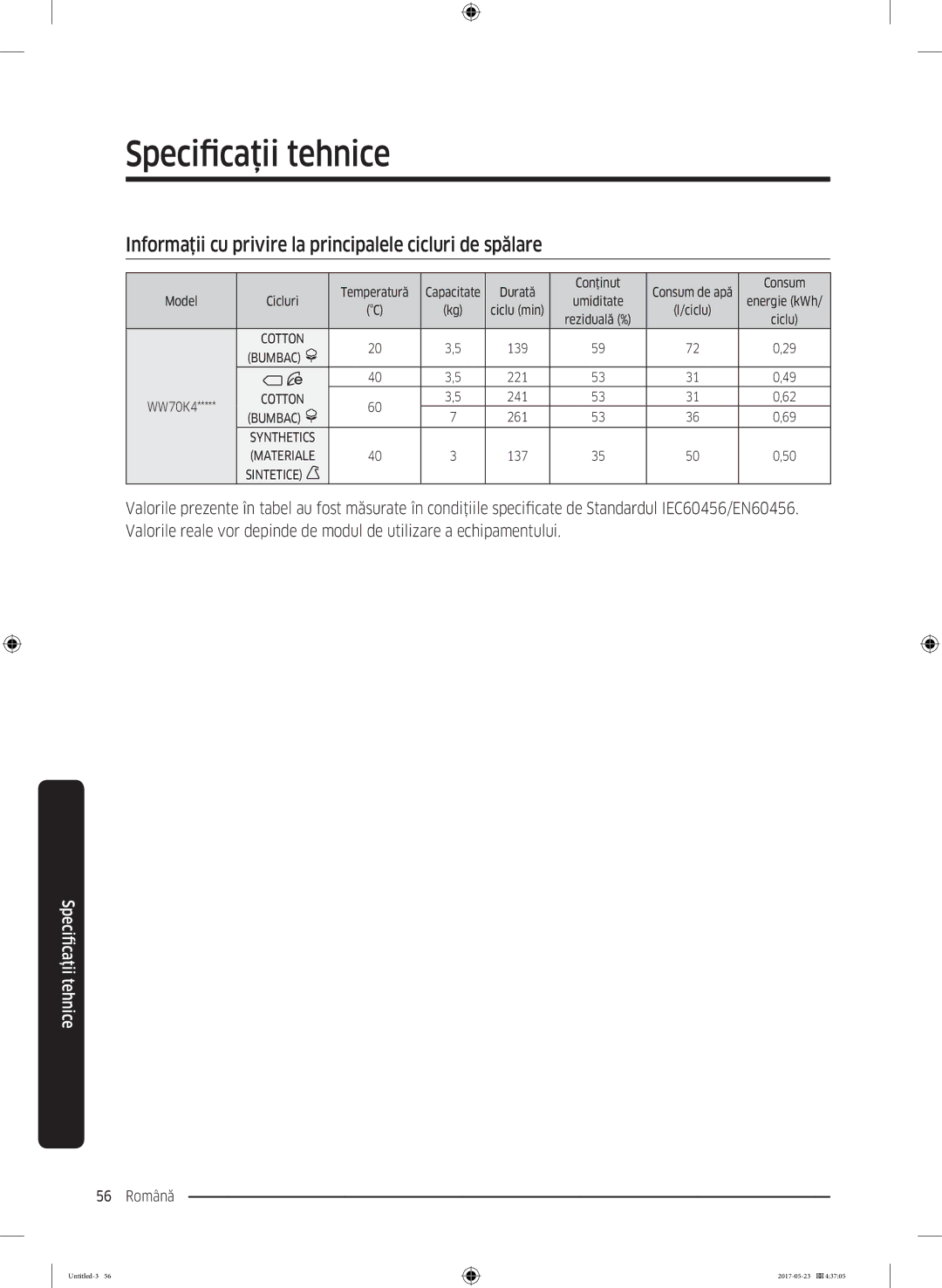 Samsung WW70K42106W/LE, WW70K42101W/LE manual Informaţii cu privire la principalele cicluri de spălare 