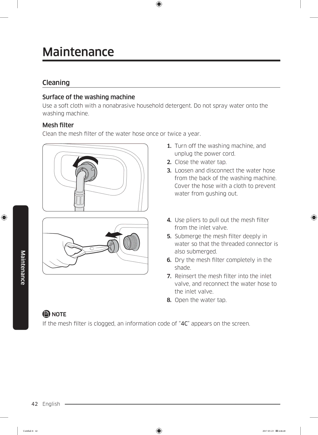 Samsung WW70K42106W/LE, WW70K42101W/LE manual Cleaning, Surface of the washing machine, Mesh filter 